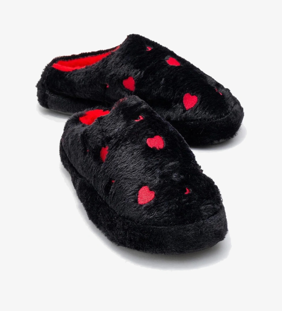 Kadın Arkası Açık Kalpli Tüylü Ev Terliği; SİYAH