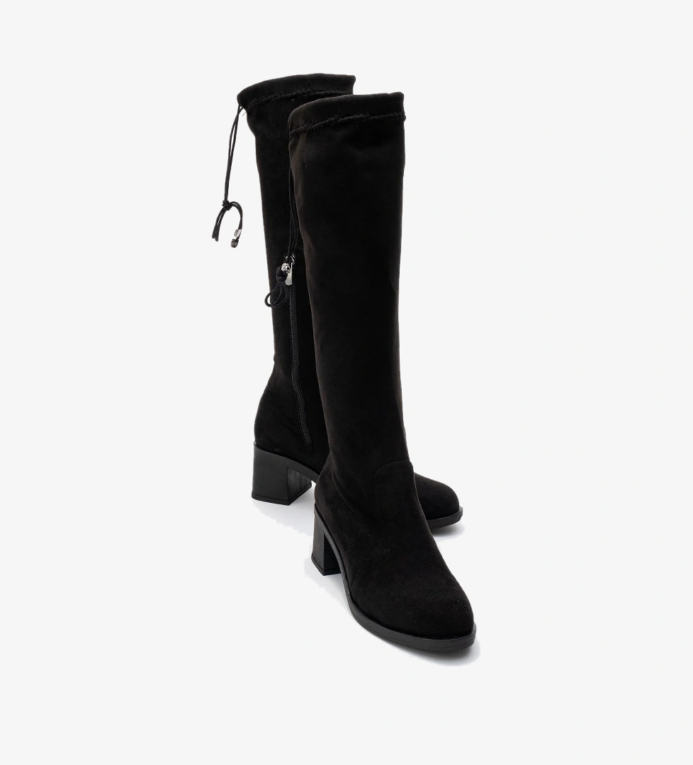 Kadın Dizaltı Streç Topuklu Çizme; SİYAH SÜET