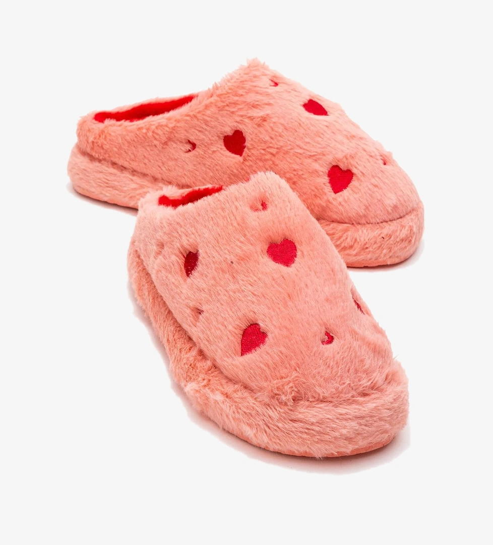 Kadın Arkası Açık Kalpli Tüylü Ev Terliği; PEMBE