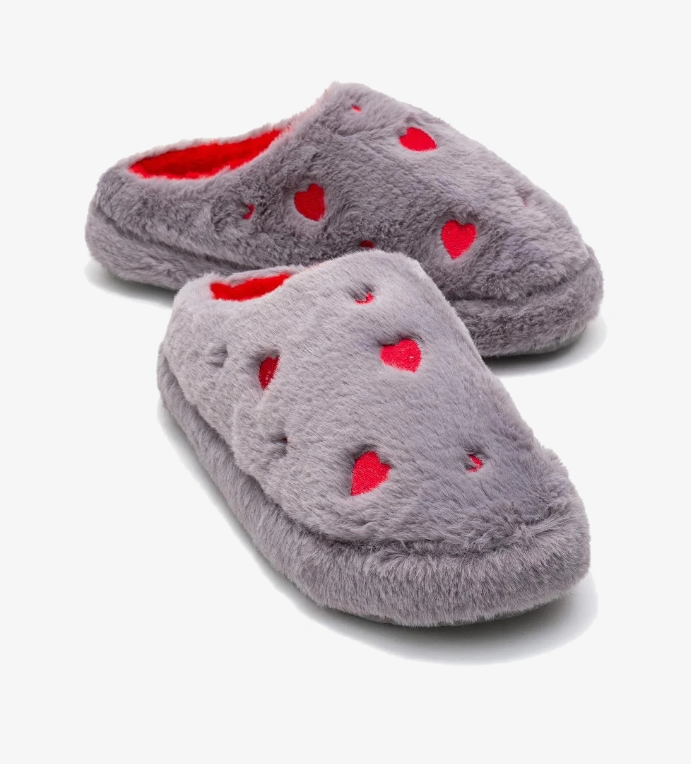 Kadın Arkası Açık Kalpli Tüylü Ev Terliği; GRİ - Görsel 1