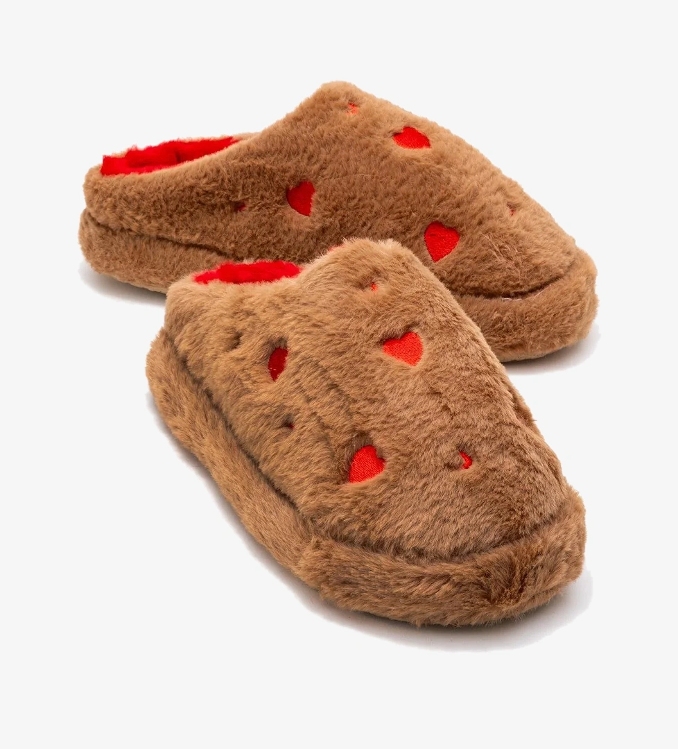 Kadın Arkası Açık Kalpli Tüylü Ev Terliği; VİZON