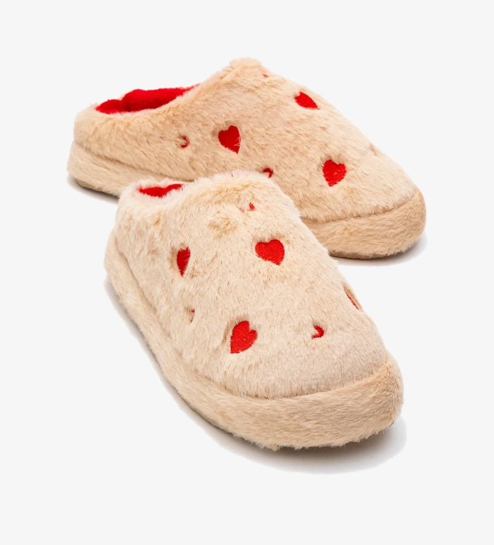 Kadın Arkası Açık Kalpli Tüylü Ev Terliği; KREM