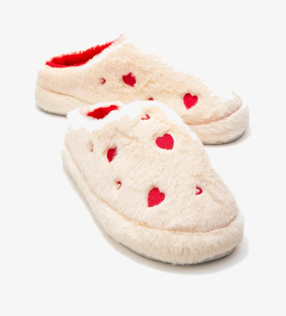 Kadın Arkası Açık Kalpli Tüylü Ev Terliği; EKRU