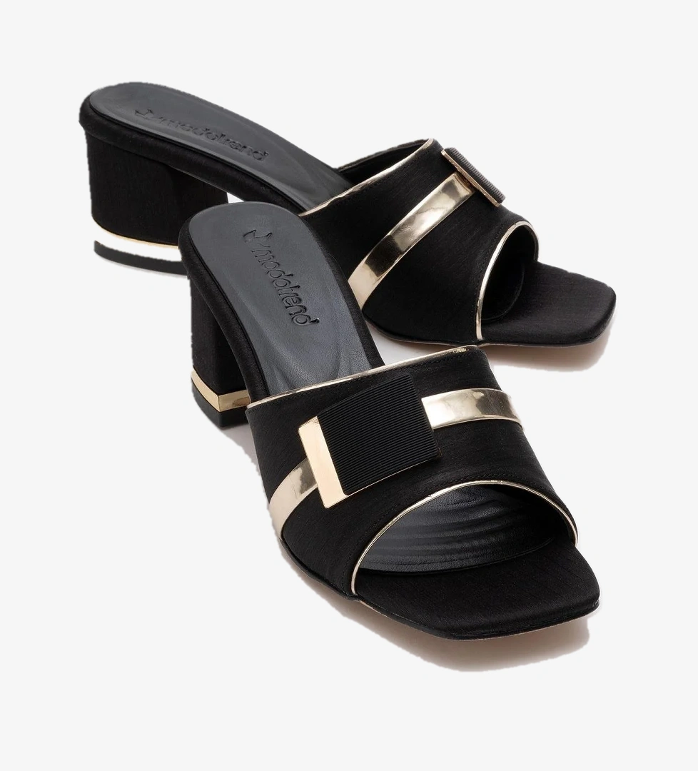 Kare Tokalı Kadın Topuklu Terlik SİYAH ÇİZGİLİ SATEN - Görsel 1