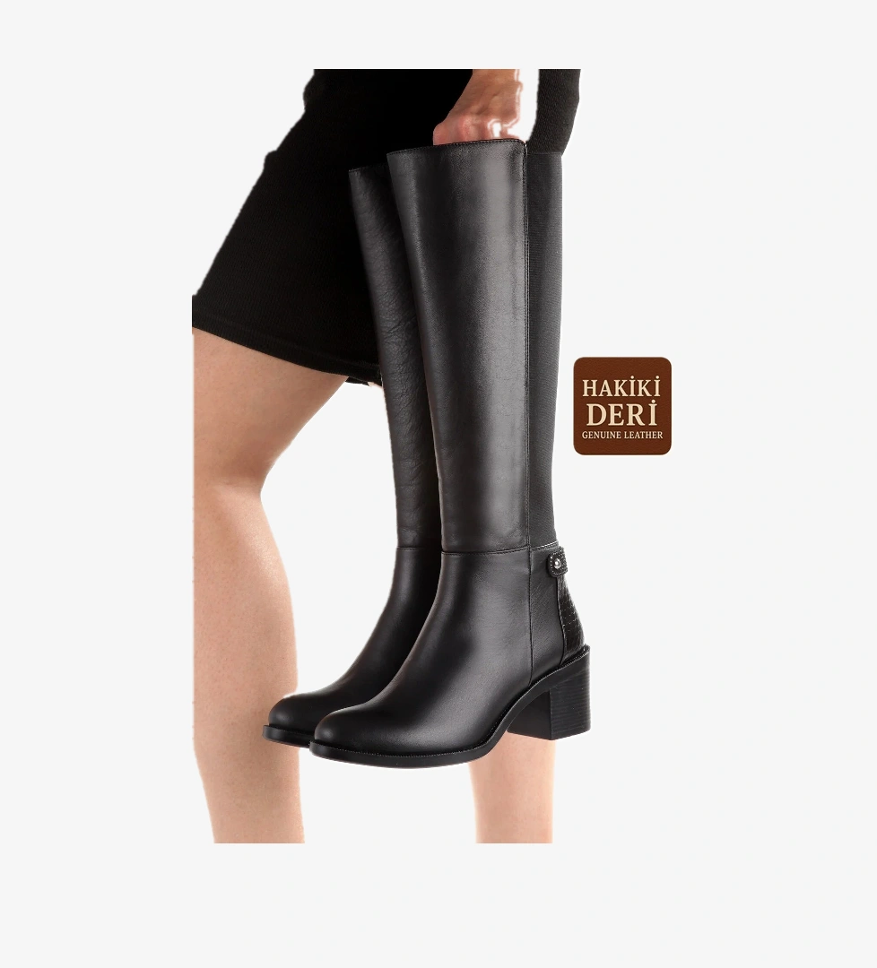 Modabuymuş Siyah Hakiki Deri Lastikli Kalın Topuk Kadın Çizme Bicheno model görseli