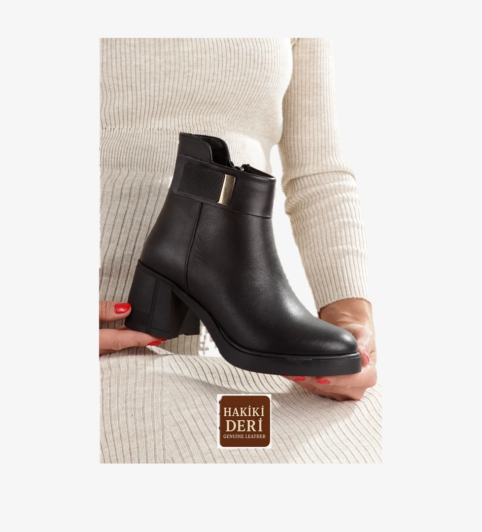 Modabuymuş Siyah Hakiki Deri Kalın Topuklu Günlük Kadın Bot Sun44 model görseli