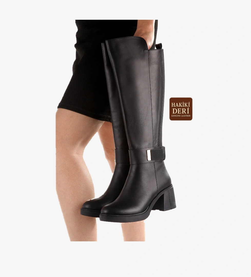 Modabuymuş Siyah Hakiki Deri Lastikli Kalın Topuk Kadın Çizme Sun444 model görseli