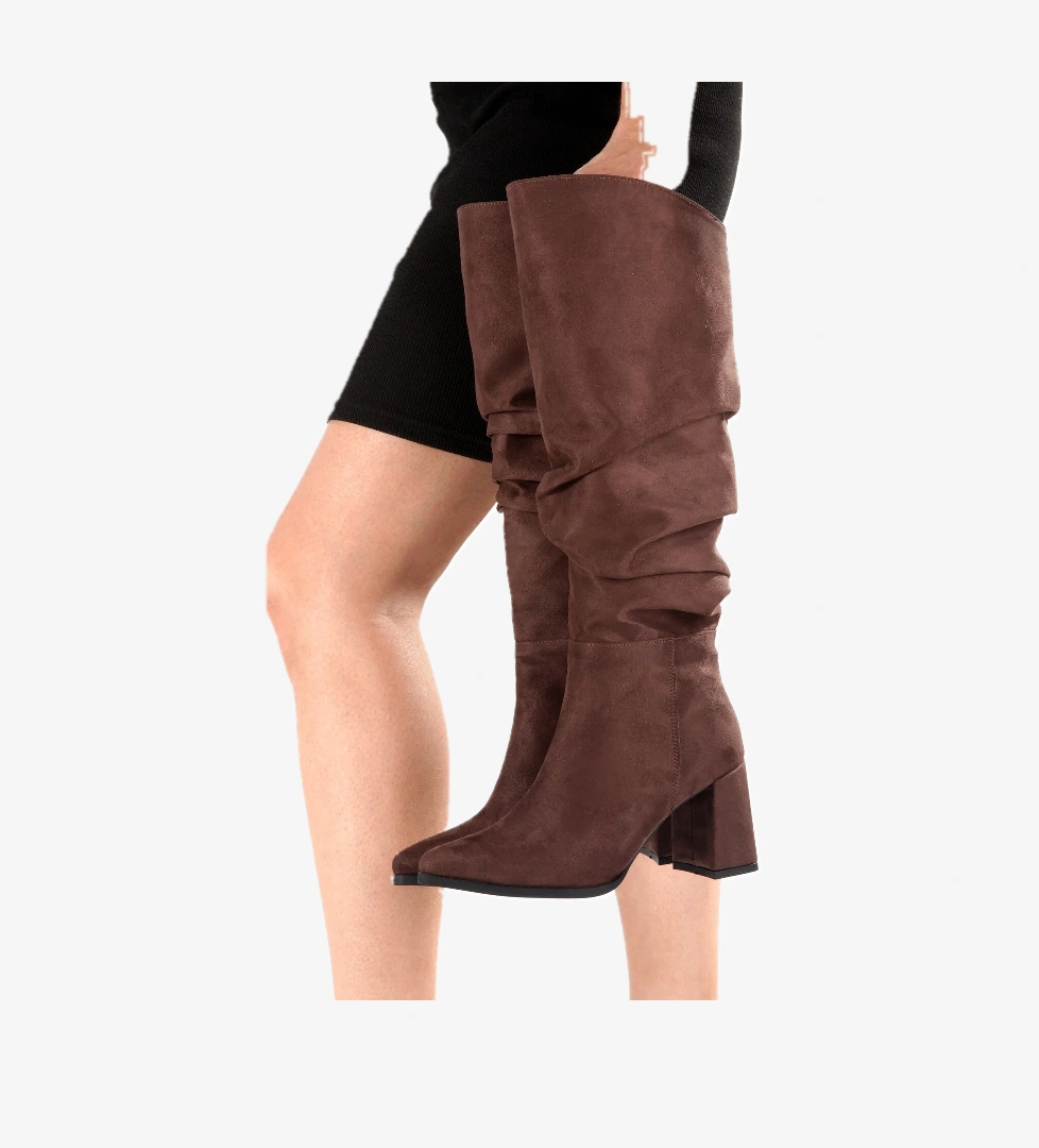 Acı Kahve Rengi Süet Kalın Topuklu Kırışık Körüklü Kadın Çizme - KC