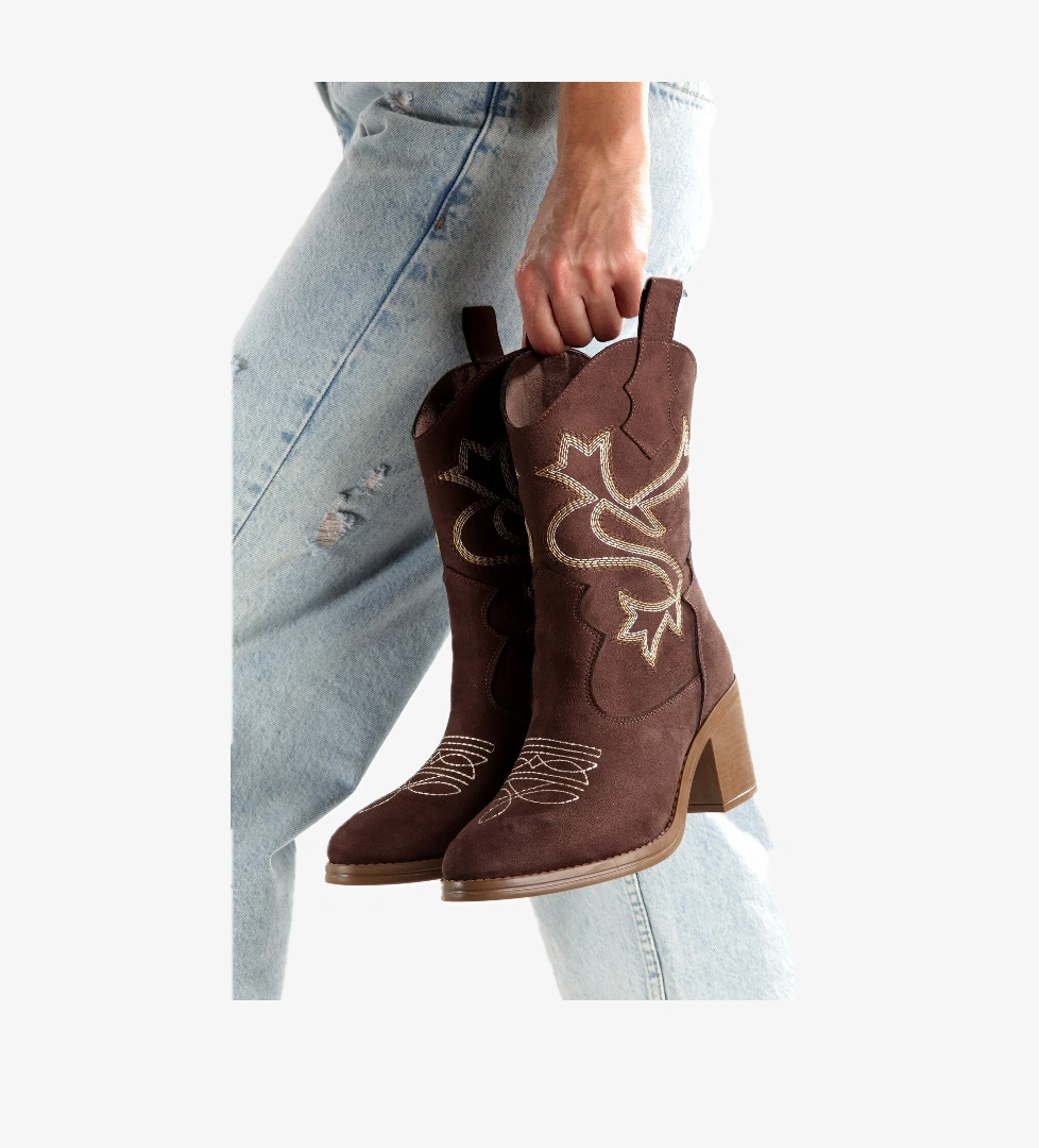 Acı Kahve Rengi Süet Nakışlı Western Kovboy Kadın Bot Bazal