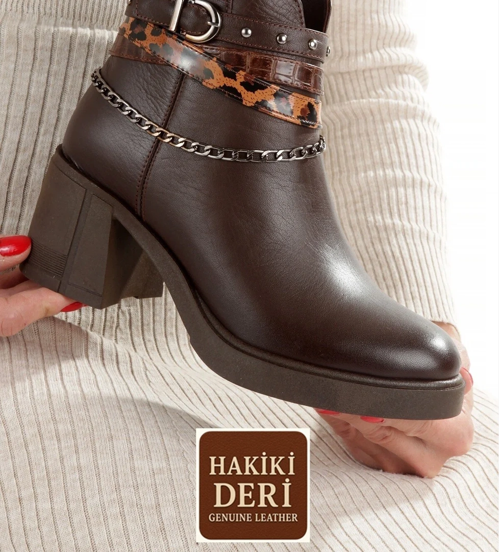 Acı Kahve Rengi Hakiki Deri Kalın Topuklu Günlük Kadın Bot Uldef