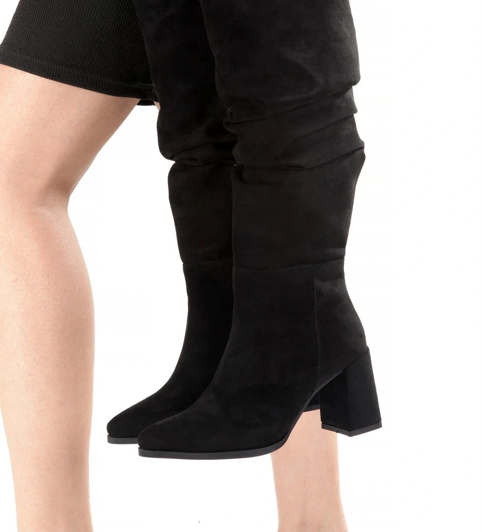 Siyah Süet Kalın Topuklu Kırışık Körüklü Kadın Çizme - KC