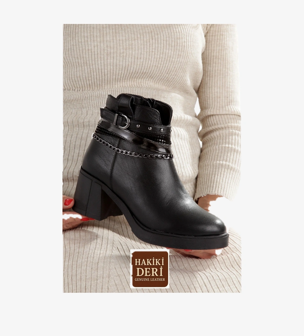 Modabuymuş Siyah Acı Kahve Rengi Hakiki Deri Kalın Topuklu Günlük Kadın Bot Uldef model görseli
