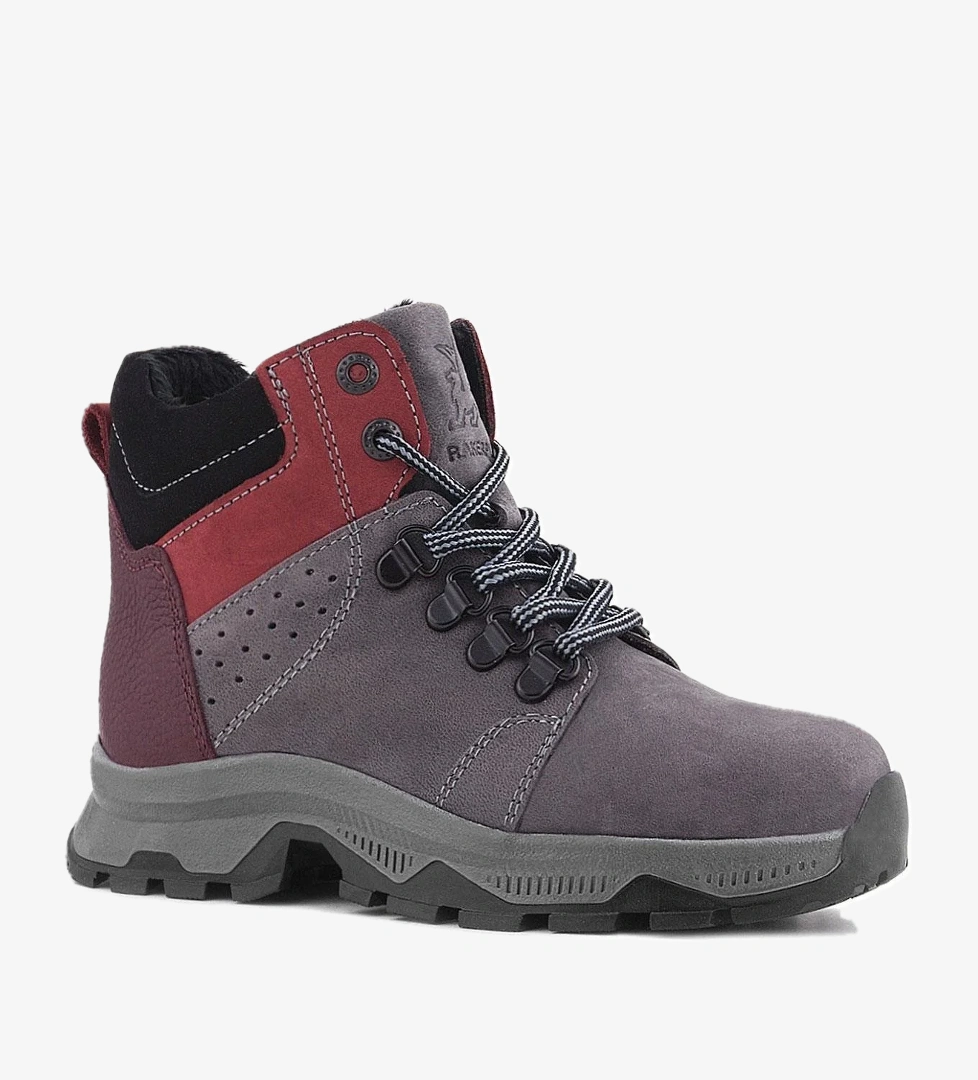 Hakiki Deri Gri Bordo Fermuarlı Trekking Çocuk Bot - Görsel 1