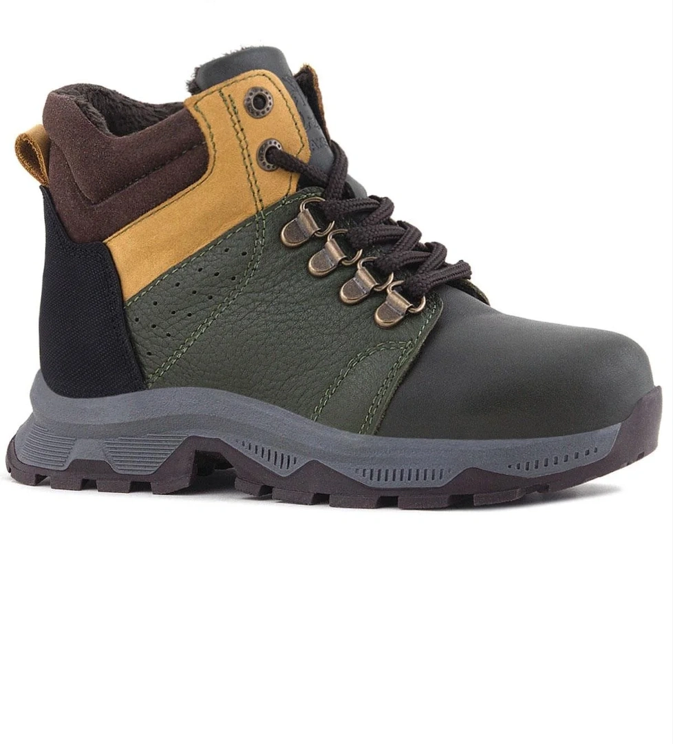 Hakiki Deri Haki Yeşil Sarı Fermuarlı Trekking Çocuk Bot - Görsel 1
