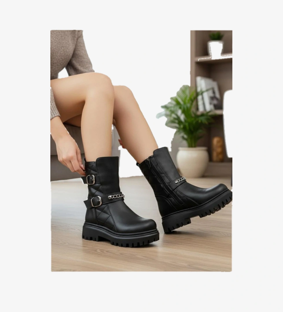 Kız Çocuk Zincir Tokalı Suya Ve Soğuk Havaya Dayanıklı Kaymaz Kalın Taban Kışlık Bot Bootie Çizme