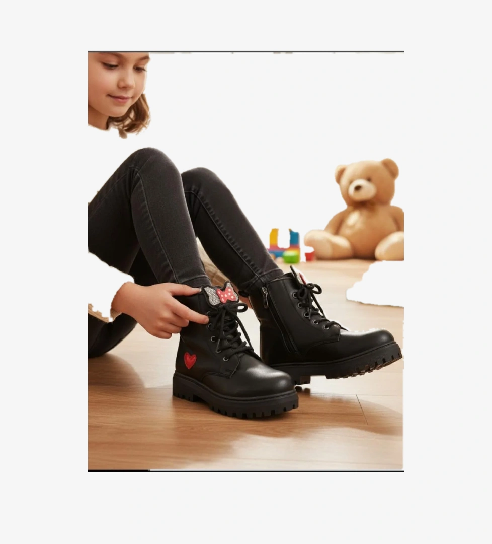 Ellaboni Kız Çocuk Suya Soğuk Havaya Dayanıklı Minnie Figürlü Kışlık Siyah Rugan Bot Ayakkabı model görseli