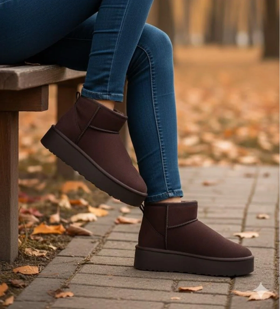 Elanaz Süet İçi Kürklü Kalın Taban Mini Boy Bilekte Kısa Kadın Bot - Görsel 1