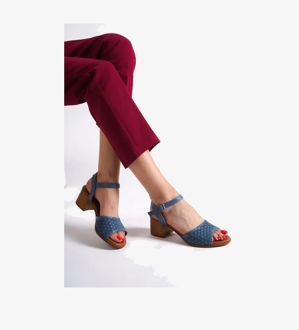 Lita Hakiki Deri Mavi Kalın Topuklu Günlük Sandalet - Görsel 1