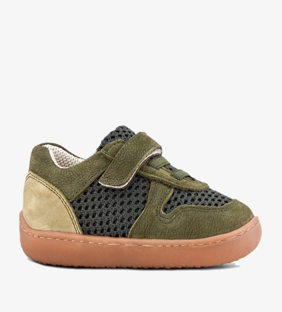 Rakerplus Bob Hakiki Deri Haki Yeşil Barefoot Cırtlı Lastikli Bebek Sneaker Ayakkabı model görseli