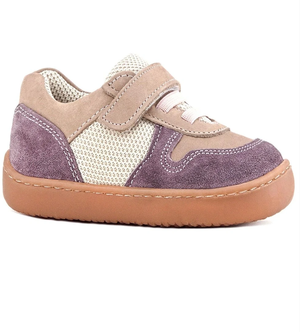 Bob Hakiki Deri Mor Pudra Barefoot Cırtlı Lastikli Bebek Sneaker Ayakkabı - Görsel 1