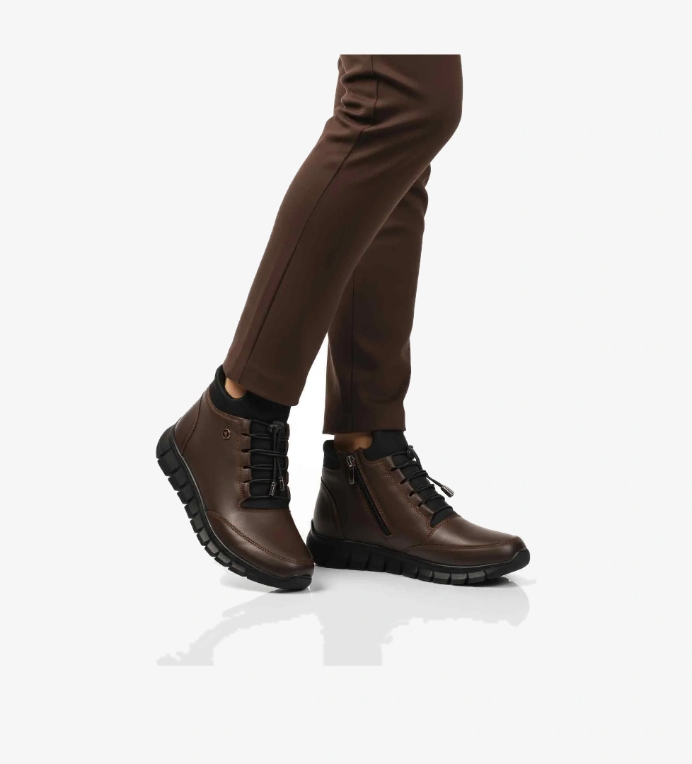 Aspor Kahve Hakiki Deri İçi Polarlı Fermuarlı Kadın Düz Bot