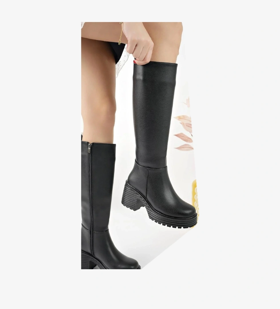 Seribo Kalın Topuk Streç Suni Deri Kadın Çizme