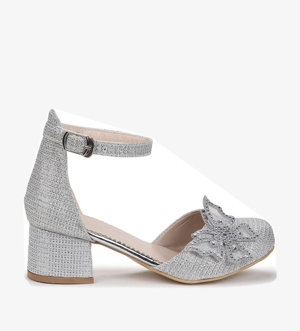 Zete Kum Simli Kız Çocuk 4 Cm Topuklu Abiye Ayakkabı Gümüş