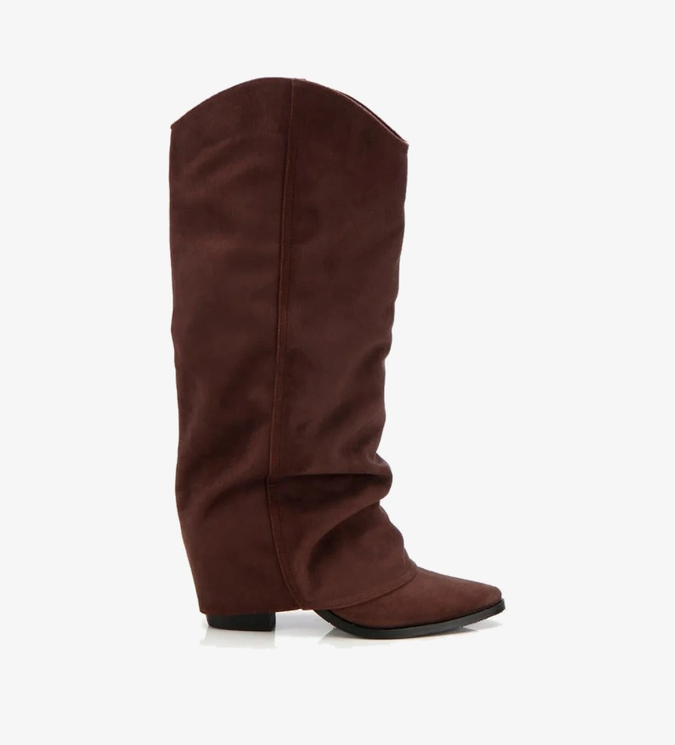 Kadın Süet Kahverengi Dikiş Detaylı Western Kalın Topuklu Çizme