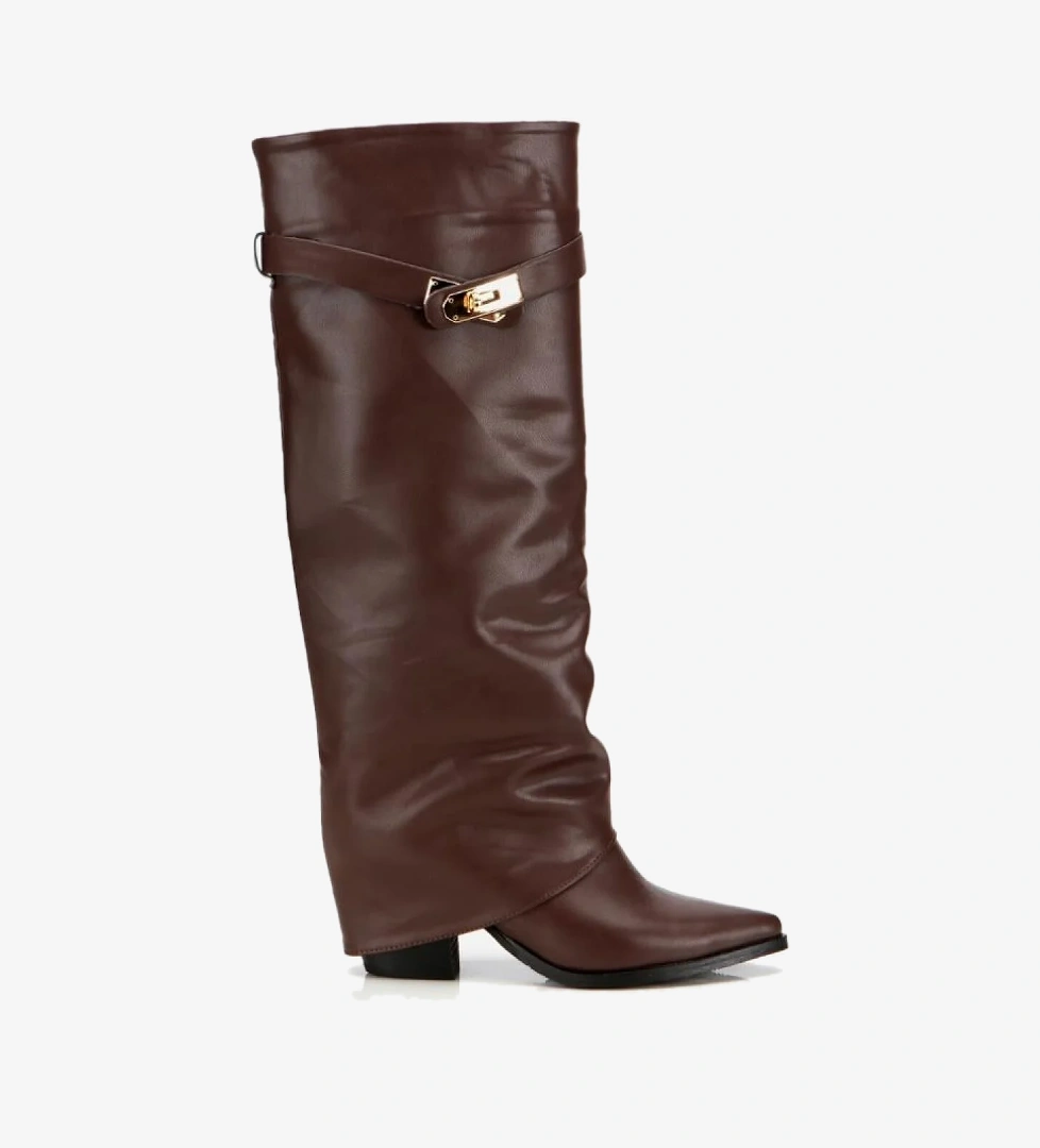 Yaya By Hotiç Kadın Kahverengi Tokalı Diz Altı Kalın Topuklu Çizme model görseli