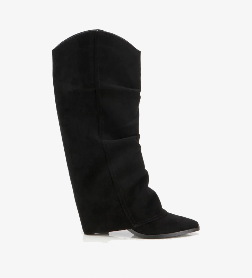 Kadın Süet Siyah Dikiş Detaylı Western Kalın Topuklu Çizme