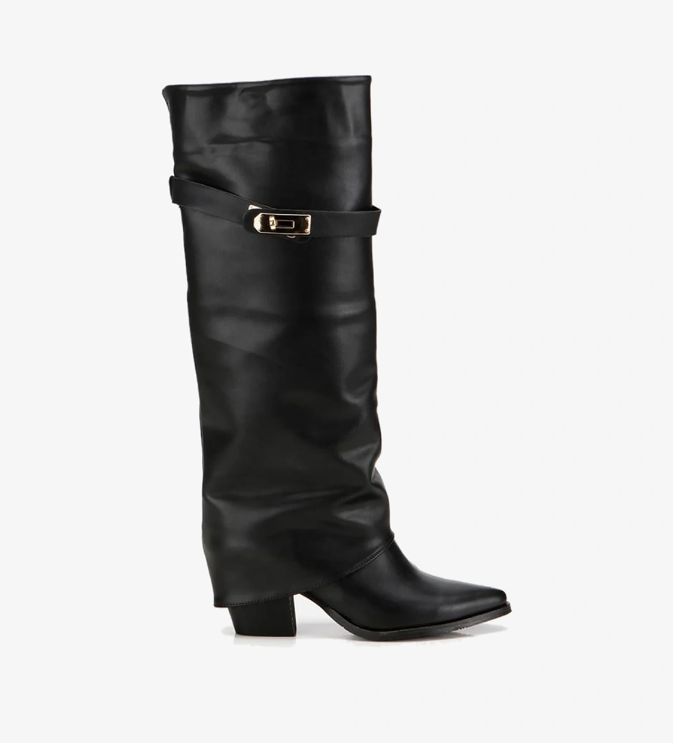 Kadın Siyah Tokalı Diz Altı Kalın Topuklu Çizme