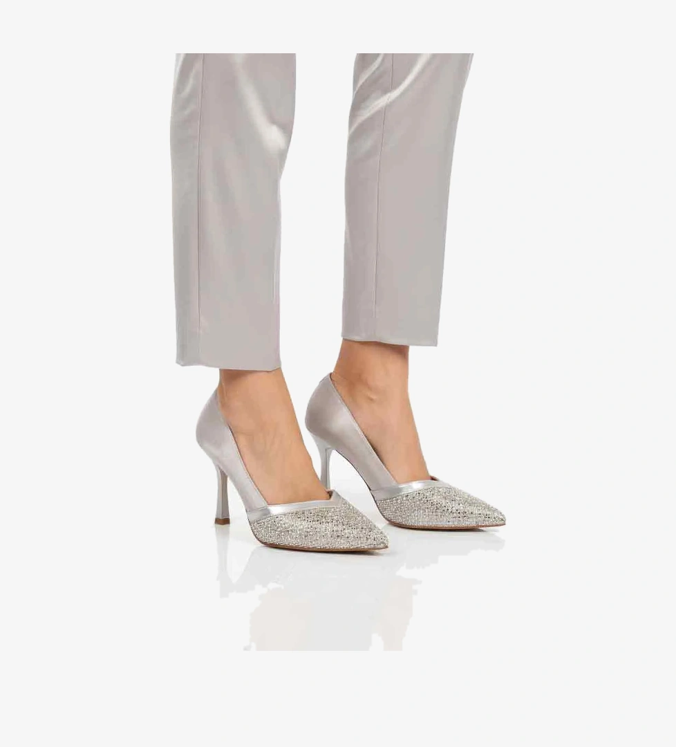 Gümüş Saten Taş İşlemeli Kadın Abiye Ayakkabı 357192 Z