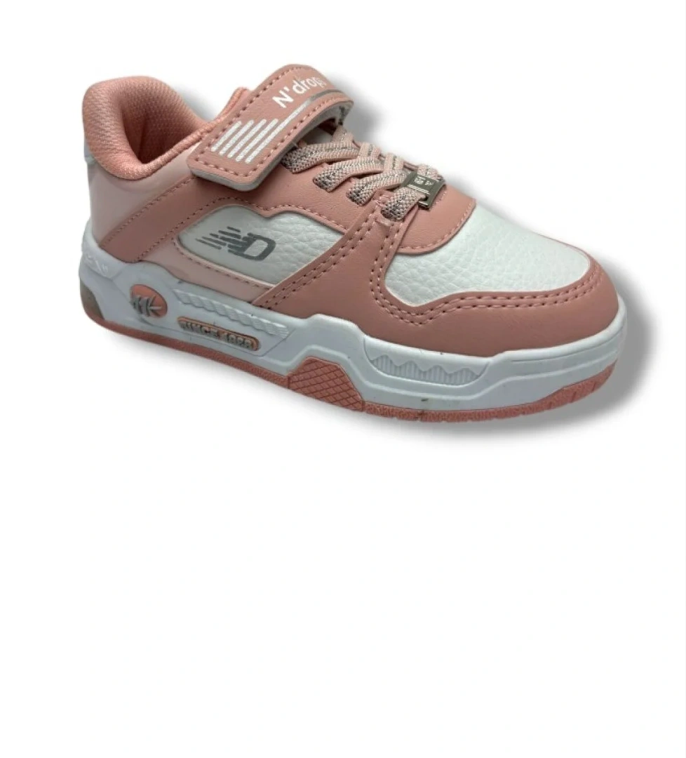 012-26 Deri Cırt Bantlı Kız Çocuk Sneaker Pudra Beyaz 26-30 - Görsel 1