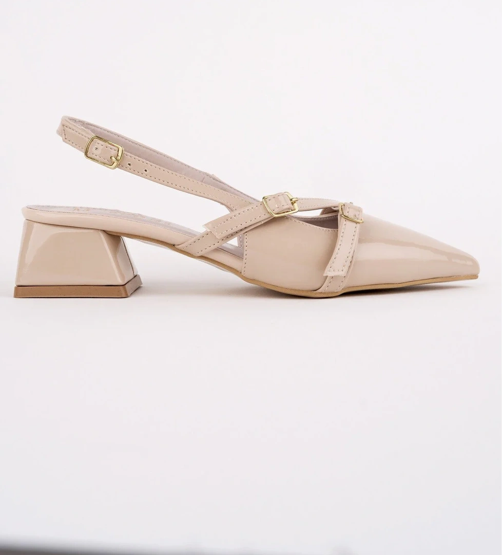 LUMİNA Sivri Burun Arkası Açık Kemer Detaylı İki Bantlı Kadın Kısa Topuklu Ayakkabı