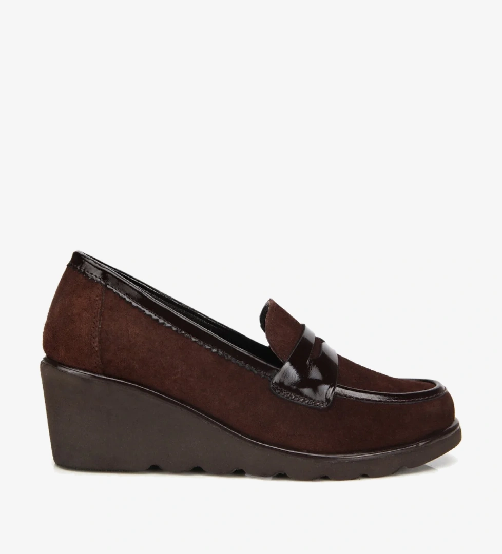 Kadın Süet Deri Kahverengi Rahat Dolgu Topuklu Günlük Loafer - Görsel 1