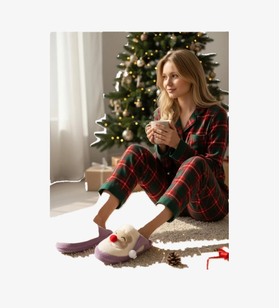 Kadın Yılbaşı Özel Tasarım Sessiz Yumuşak Taban Kışlık Ev Terliği Noel Baba Figürlü Pofuduk Terlik