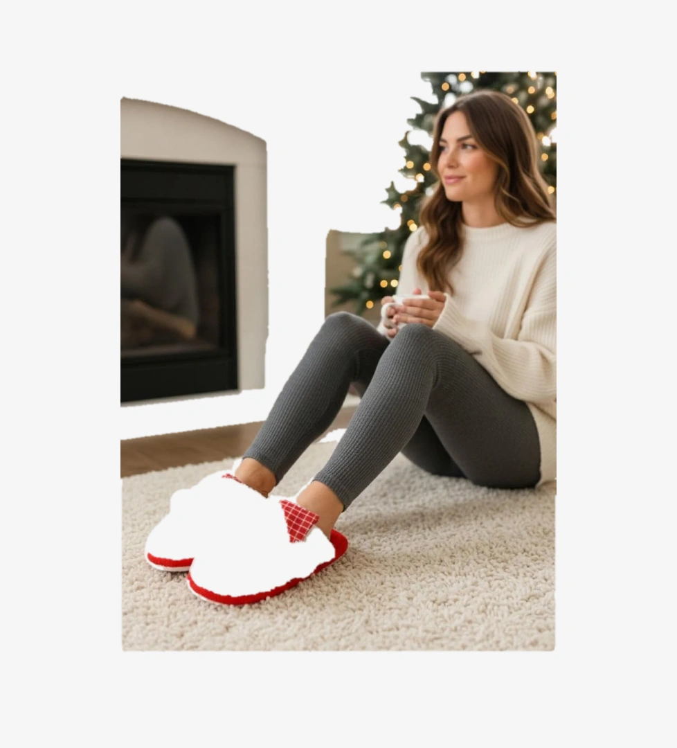 Ellaboni Kadın Yılbaşı Özel Tasarım Sessiz Yumuşak Taban Kışlık Ev Terliği Noel Baba Figürlü Pofuduk Terlik model görseli