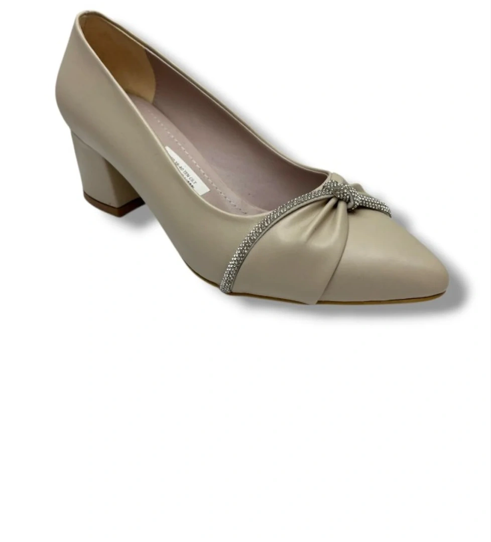C-Shoes 150-26 Cilt Deri Düğüm Taşlı Kalın Topuk Kadın Ayakkabı 38-40