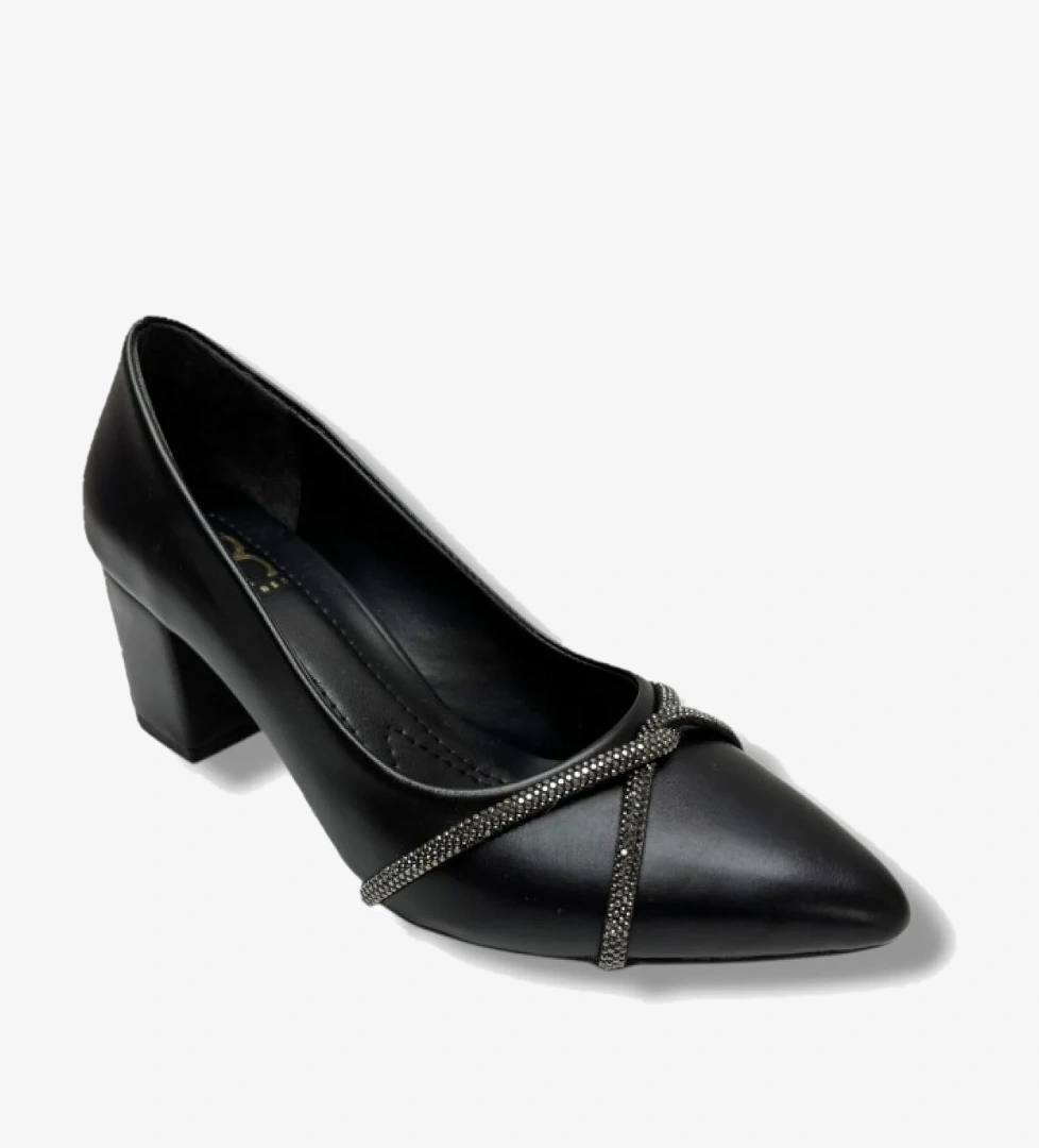 C-Shoes KM59-26 Cilt Deri Çapraz Taşlı Kalın Topuk Kadın Ayakkabı - Görsel 1