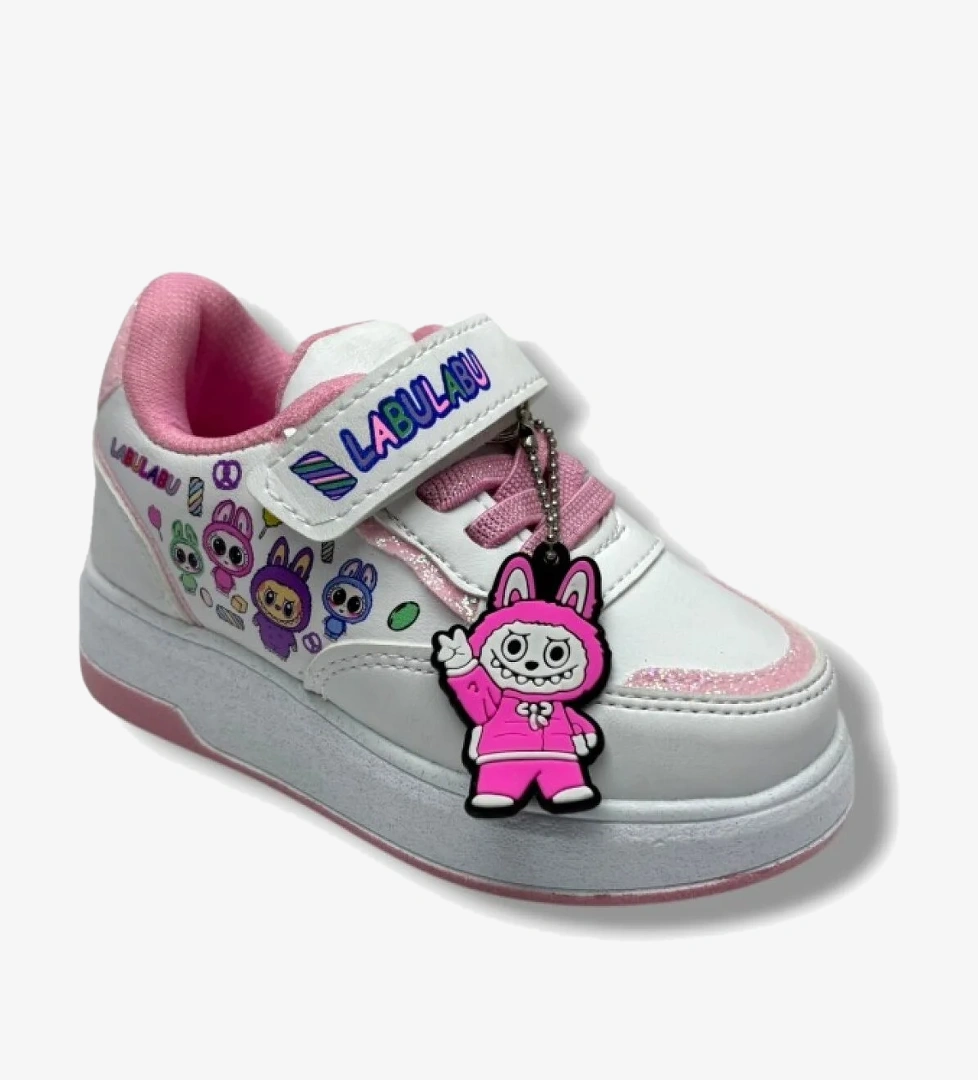 ProKids 4011-26 Cilt Deri Labubu Maskotlu Anatomik Kız Çocuk Sneaker Beyaz Pembe 26-30 - Görsel 1