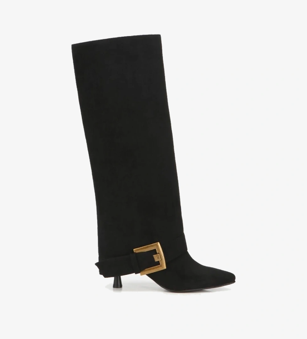 Kadın Süet Siyah Pantolon Görünümlü Tokalı Topuklu Çizme - Görsel 1