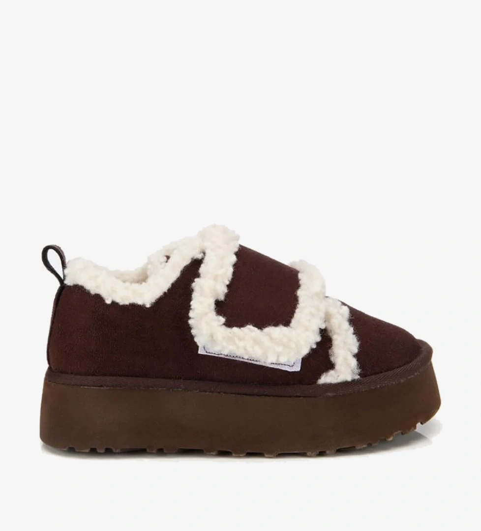 Kadın Süet Kahverengi İçi Kürklü Yüksek Tabanlı Kalın Bantlı Düz Ayakkabı