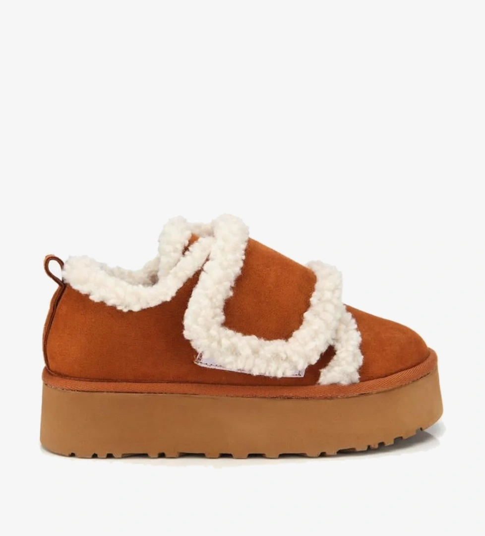 Kadın Süet Taba İçi Kürklü Yüksek Tabanlı Kalın Bantlı Düz Ayakkabı - Görsel 1