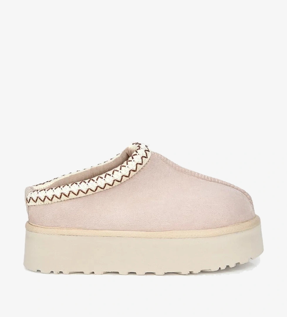 Kadın Süet Bej Dikiş Detaylı İçi Kürklü Yüksek Tabanlı Yarım Bot Terlik