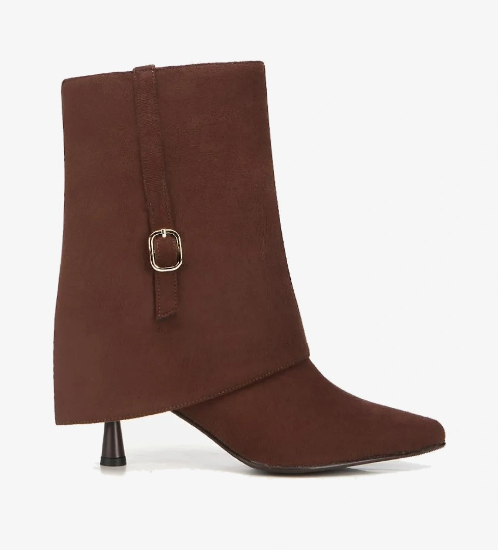 Kadın Süet Kahverengi Pantolon Görünümlü Tokalı Topuklu Bot