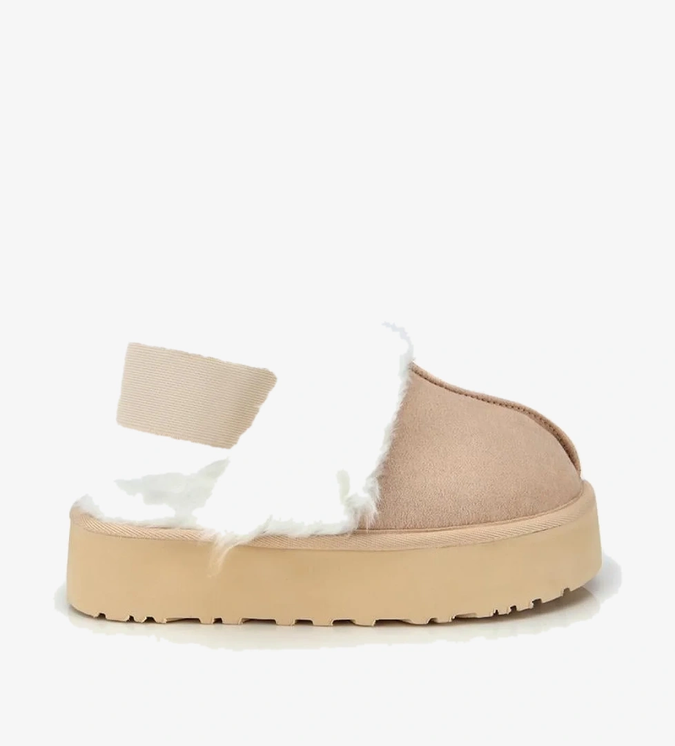 Kadın Süet Bej İçi Kürklü Yüksek Tabanlı Terlik - Görsel 1
