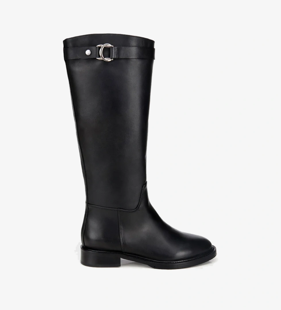 Kadın Deri Siyah Tokalı Binici Düz Çizme