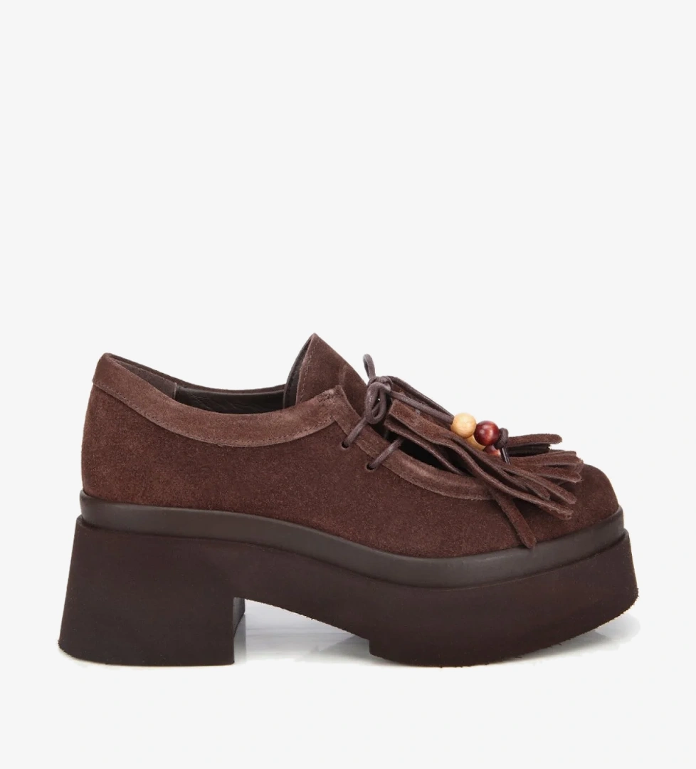 Hotiç Kadın Süet Deri Kahverengi Taba Püskül Detaylı Kalın Tabanlı Günlük Loafer model görseli