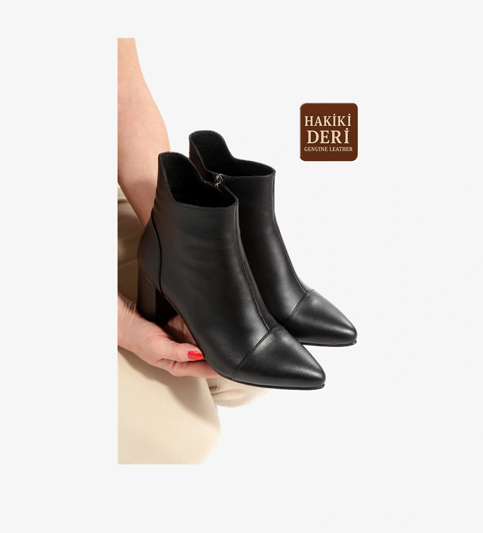 Modabuymuş Siyah Hakiki Deri Topuklu Kadın Bot Daylan model görseli