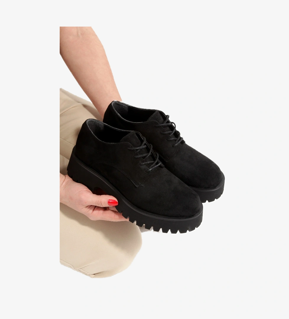 Modabuymuş Siyah Süet Bağcıklı Ultra Hafif Oxford Kadın Ayakkabı Loetse model görseli